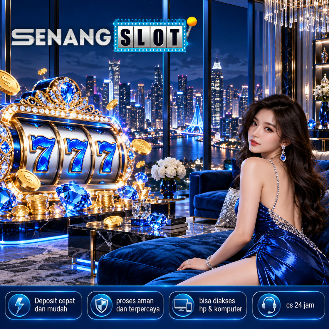 SENANGSLOT - ilustrasi latar kota malam dan sorotan biru